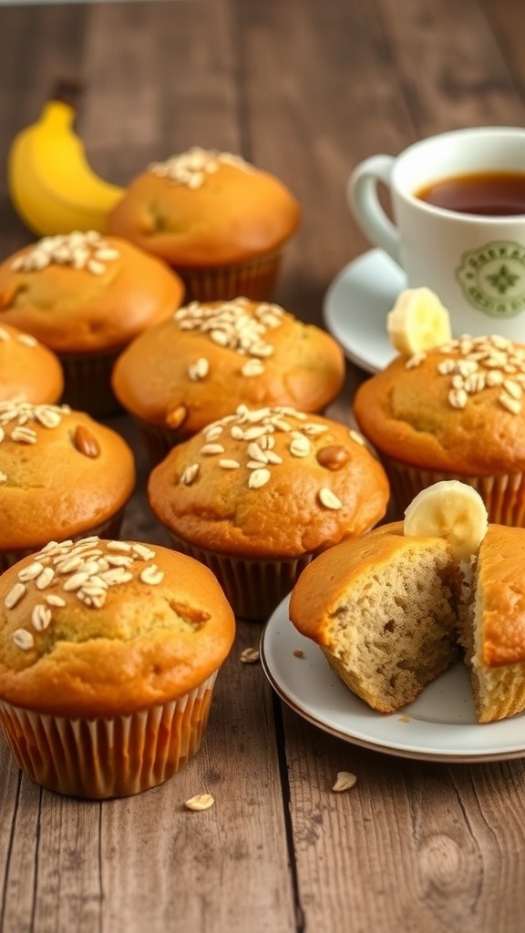 Freshly baked banana bread muffins on a wooden table with coffee.